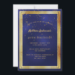 Invitation fête de 40e anniversaire sprinkle de confetti bleu<br><div class="desc">Une carte d'invitation à la fête du 40e anniversaire moderne et tendance pour hommes, hommes, hommes. Un arrière - plan bleu foncé, bleu marine. La couleur bleue est inégale. Avec un cadre en faux or et des confettis dorés saupoudrés, des lettres de couleur dorée. Modèles pour vos informations de fête....</div>