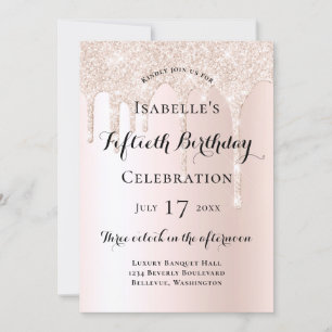 Invitation Fête de 50 ans avec paillettes roses et coulées sc
