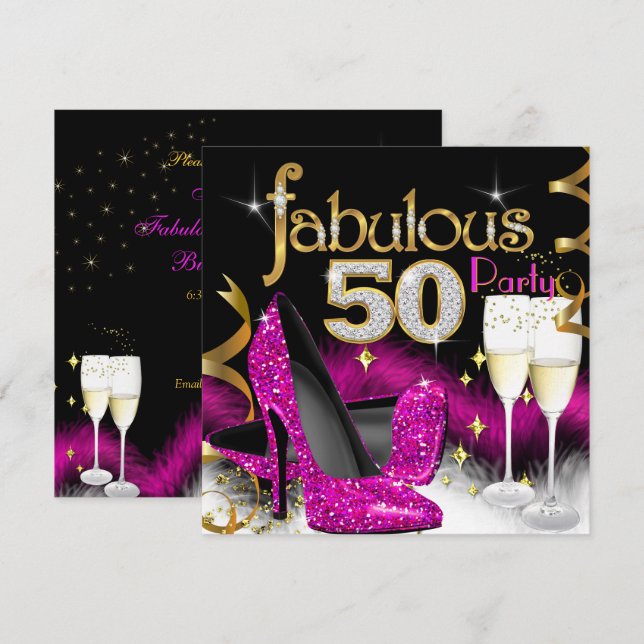 Invitation Fête de 50 ans Fabuleuse Paillettes Champagne Rose (Devant / Derrière)