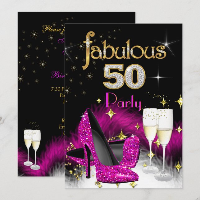 Invitation Fête de 50 ans Fabuleuse Paillettes Champagne Rose (Devant / Derrière)