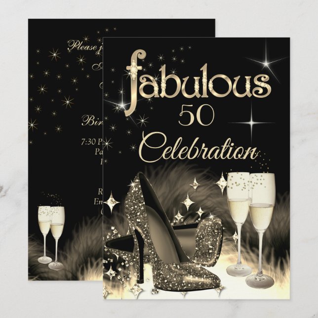 Invitation Fête de 50 ans Fabuleuse Paillettes Sépia Beige Ch (Devant / Derrière)