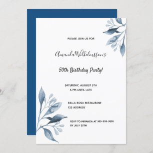 Invitation Fête de 50e anniversaire bleu florals botanique