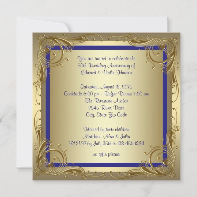 Invitation Fête de 50e anniversaire de mariage bleu royal or (Devant)