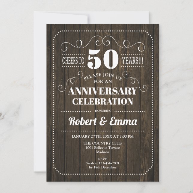 Invitation Fête de 50e anniversaire de mariage en bois rustiq (Devant)
