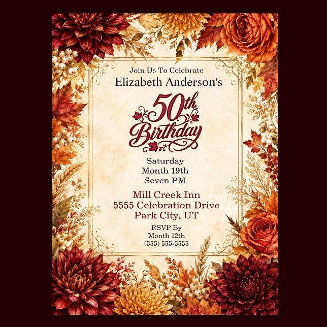 Invitation Fête de 50e anniversaire Luxe Automne (Luxury Autumn 50th Birthday Invitation For Women. )