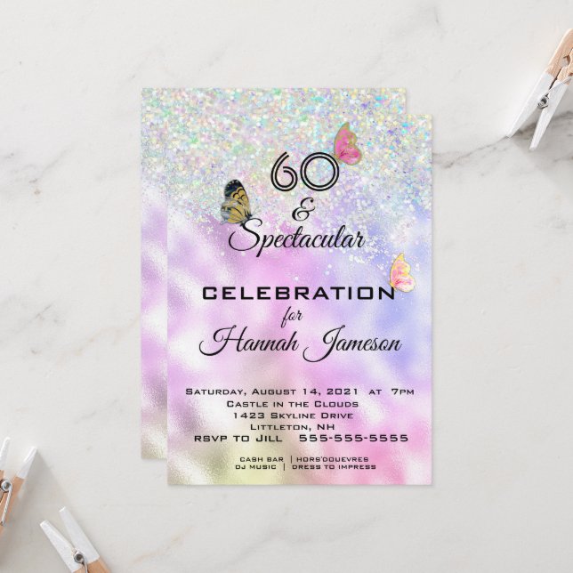 Invitation Fête de 60 ans et papillons scintillants spectacul (Devant/Arrière en situation)