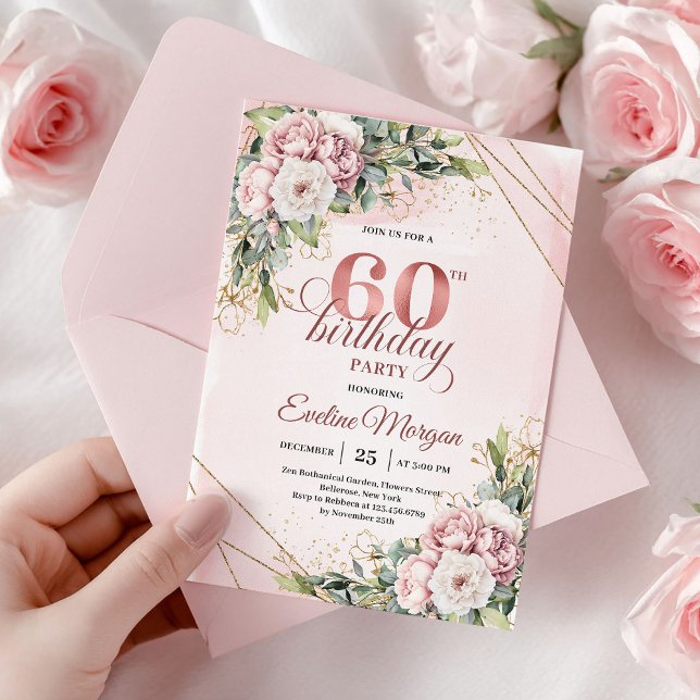 Invitation Fête de 60 ans Fleurs Roses Rose Gold Luxe (Luxury Rose Gold Blush Pink Floral 60th Birthday)
