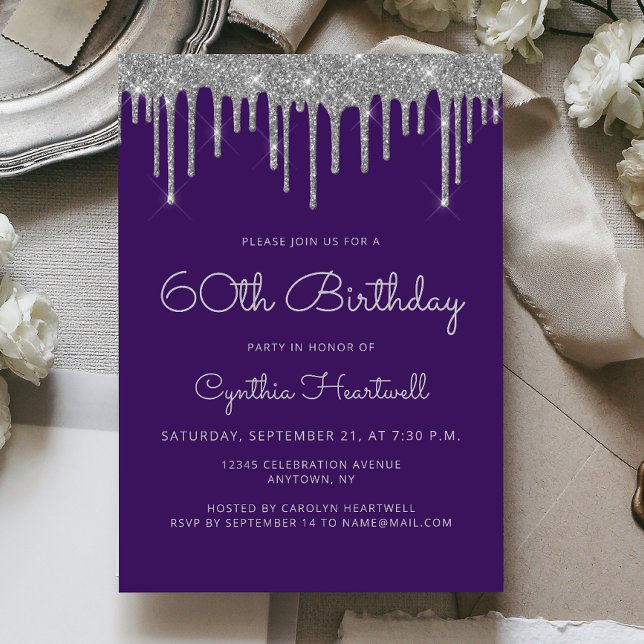 Invitation Fête de 60 ans Glam Violet Paillettes Argentées (Créateur téléchargé)