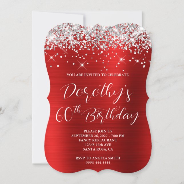 Invitation Fête de 60 ans Luxueux Paillettes Argentées Rouge (Devant)