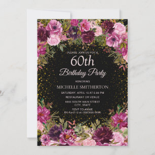 Invitation Fête de 60 ans Noir Paillettes Floral Rose Violet