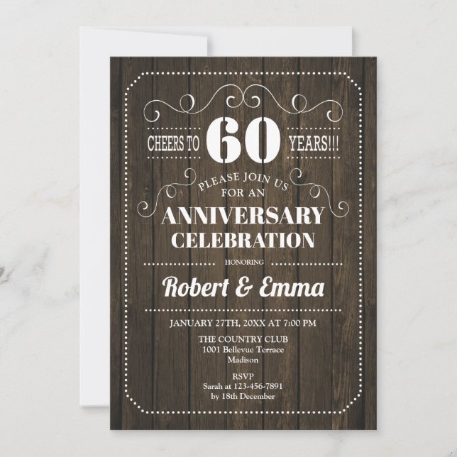 Invitation Fête de 60e anniversaire de mariage en bois rustiq (Devant)