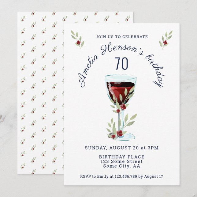 Invitation Fête de 70 ans aquarelle Rose eau Rouge Rustique V (Devant / Derrière)
