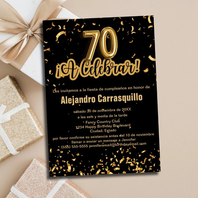 Invitation Fête de 70 ans Confettis Noir & Or Glamour Espagno (Créateur téléchargé)