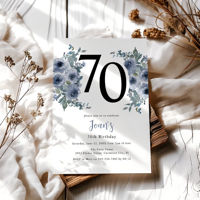 Invitation Fête de 70 ans élégante bleue florale (Créateur téléchargé)