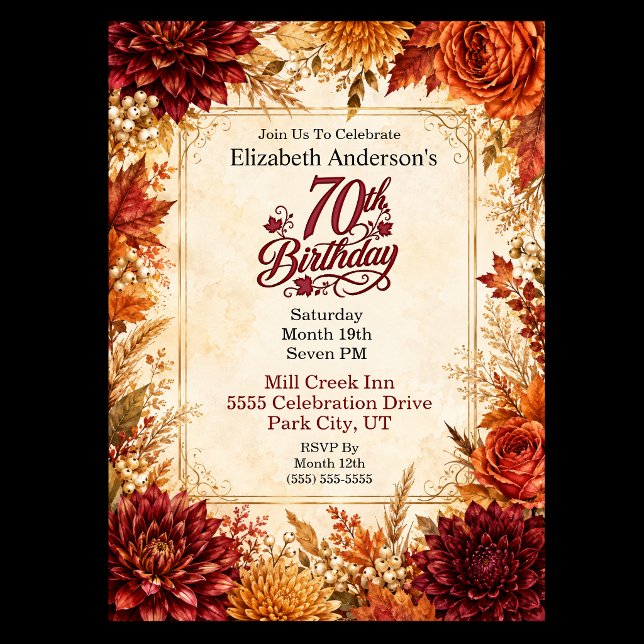 Invitation Fête de 70e anniversaire Luxe Automne (Elegant 70th birthday invitation with burgundy dahlias, orange roses, golden chrysanthemums, autumn )