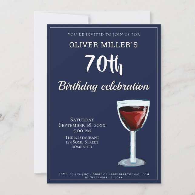 Invitation Fête de 70e Anniversaire Vin Rouge Bleu Marine (Devant)