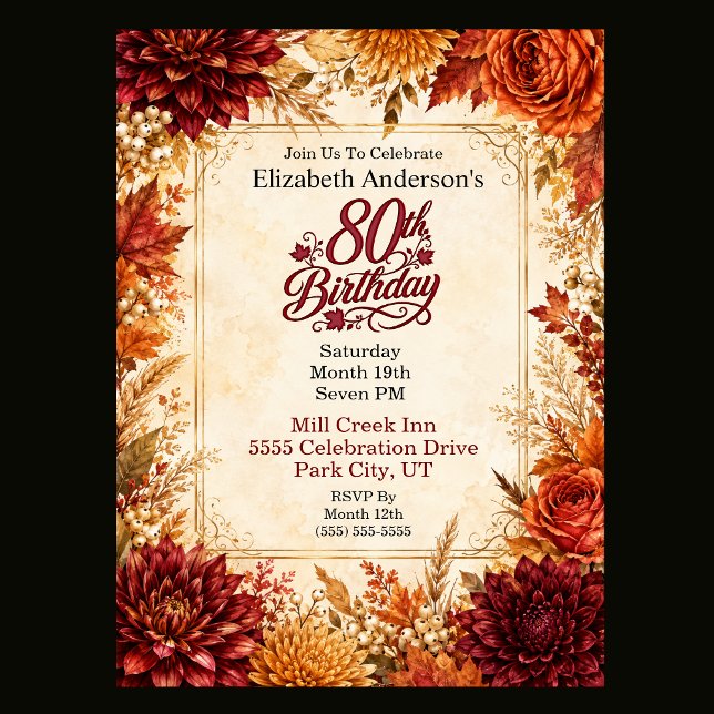 Invitation Fête de 80 ans Luxe Automne (Luxury Fall 80th Birthday Invitation For Women.)
