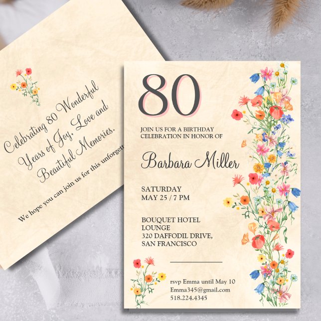 Invitation Fête de 80e anniversaire Floral Design Élégant (Créateur téléchargé)