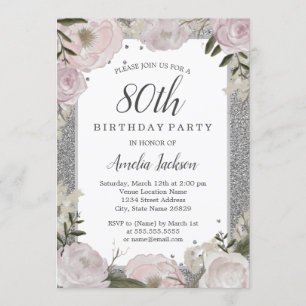 Invitation Fête de 80e anniversaire Sparkle Pink Silver