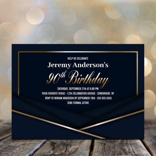 Invitation Fête de 90e anniversaire Moderne Bleu et Or (Créateur téléchargé)