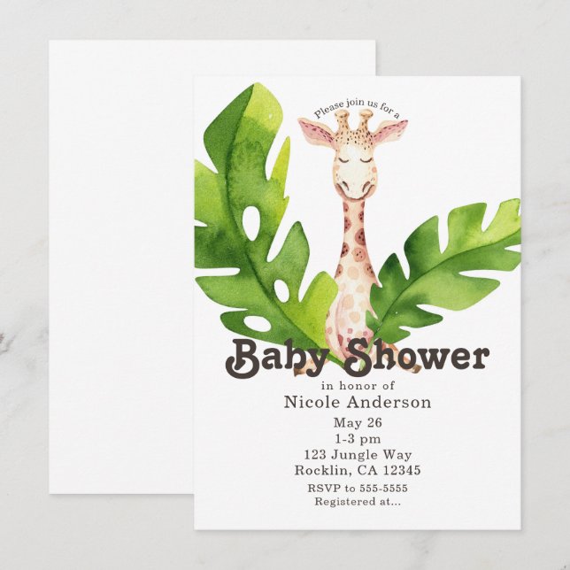 Invitation Fête de Baby Shower aquarelle girafe jungle (Devant / Derrière)