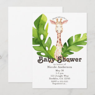 Invitation Fête de Baby Shower aquarelle girafe jungle