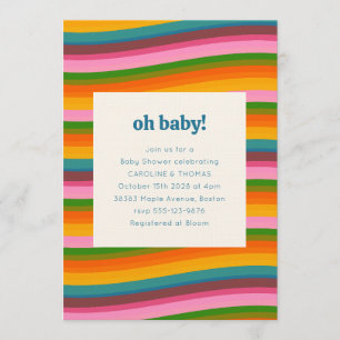 Invitation Fête de Baby Shower aux rayures ondulées rétro col