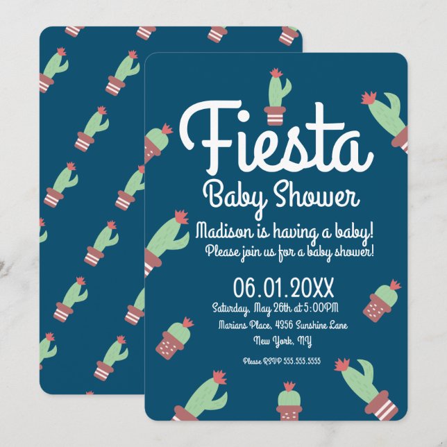 Invitation Fête de Baby Shower avec une bordure de cactus mod (Devant / Derrière)
