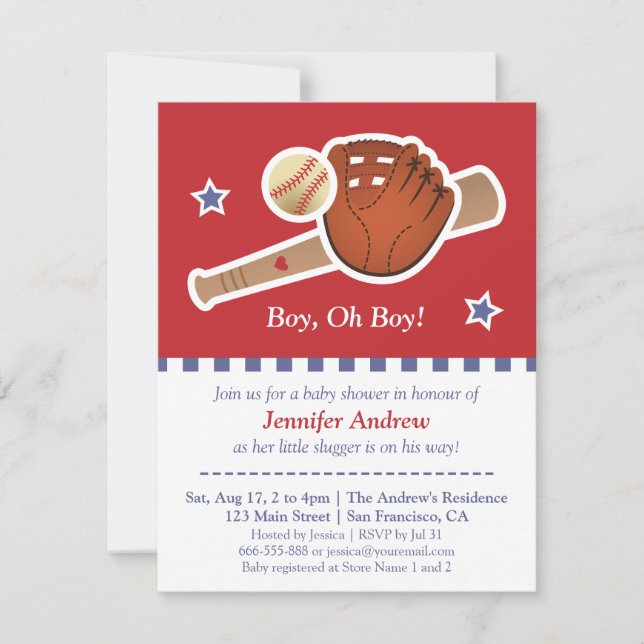 Invitation Fête de baby shower bébé baseball rouge (Devant)
