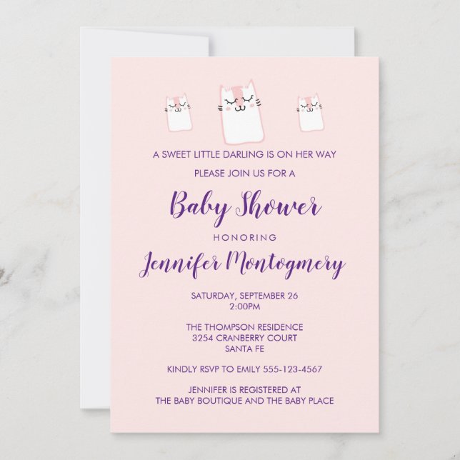 Invitation Fête de Baby Shower de Chat Mignon Dormant Rose (Devant)