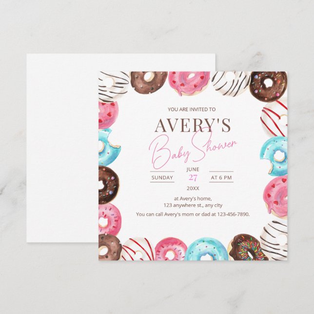 Invitation Fête de Baby Shower Donuts Bébé Fille Rose Sprinkl (Devant / Derrière)
