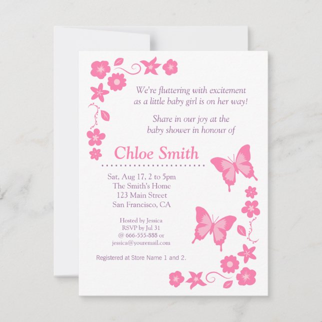 Invitation Fête de baby shower élégante papillon rose (Devant)