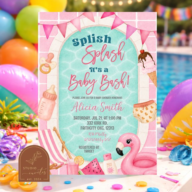Invitation Fête de Baby Shower fille piscine rose (Créateur téléchargé)