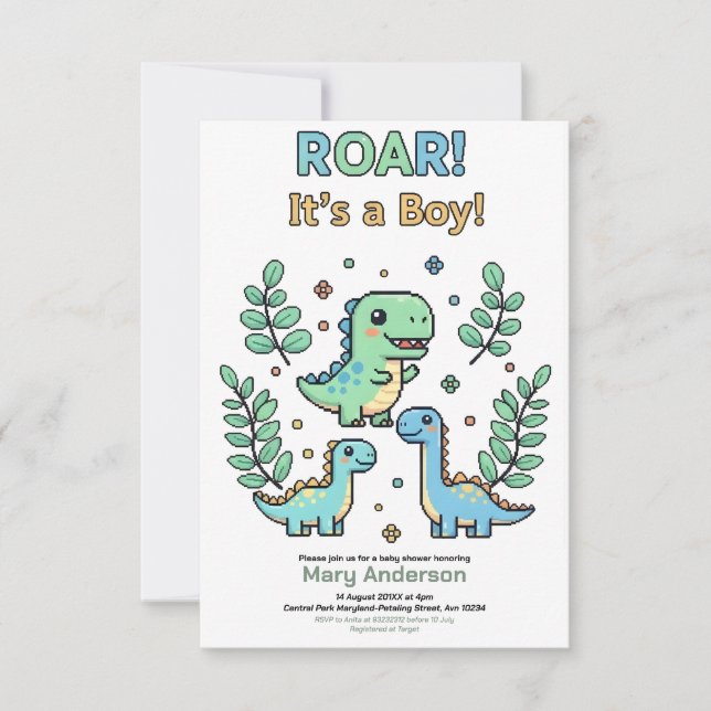 Invitation Fête de baby shower Garçon Dinosaure Pixelisé Vert (Devant)