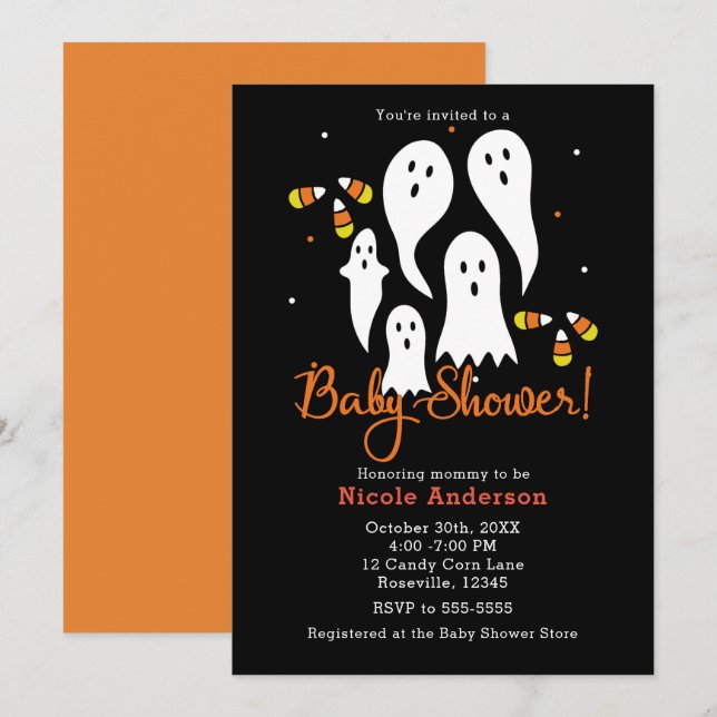 Invitation Fête de Baby Shower Halloween Fantômes & Maïs de B (Devant / Derrière)