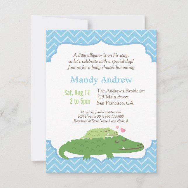 Invitation Fête de Baby Shower Moderne Alligator Bleu Chevron (Devant)