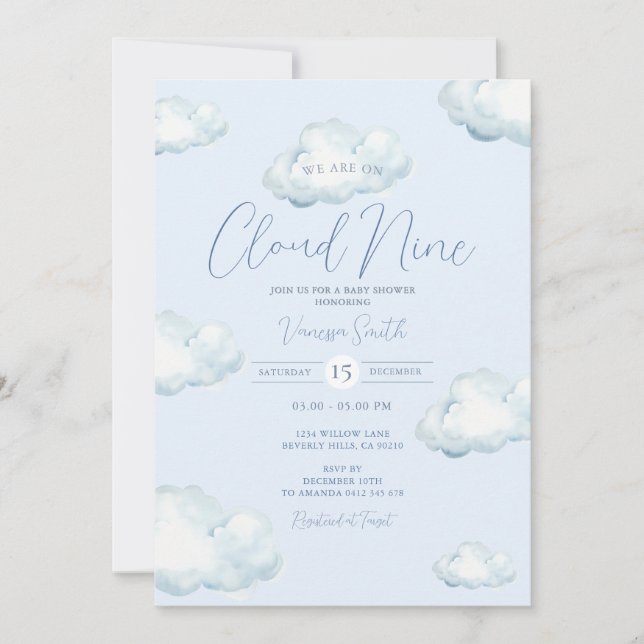 Invitation Fête de Baby Shower Nuage Neuf Bleu Blanc (Devant)