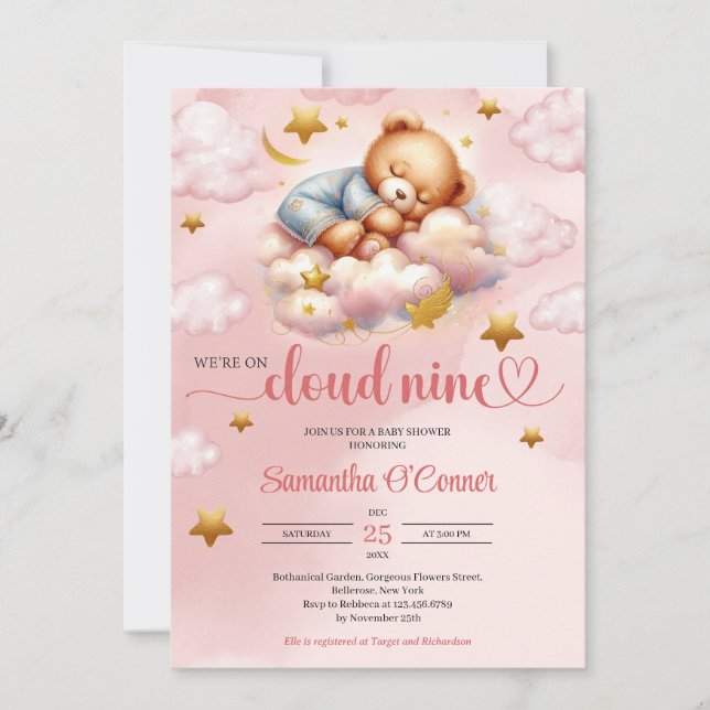 Invitation Fête de Baby Shower nuage neuf ourson rose et or u (Devant)