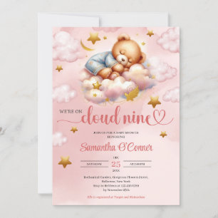 Invitation Fête de Baby Shower nuage neuf ourson rose et or u
