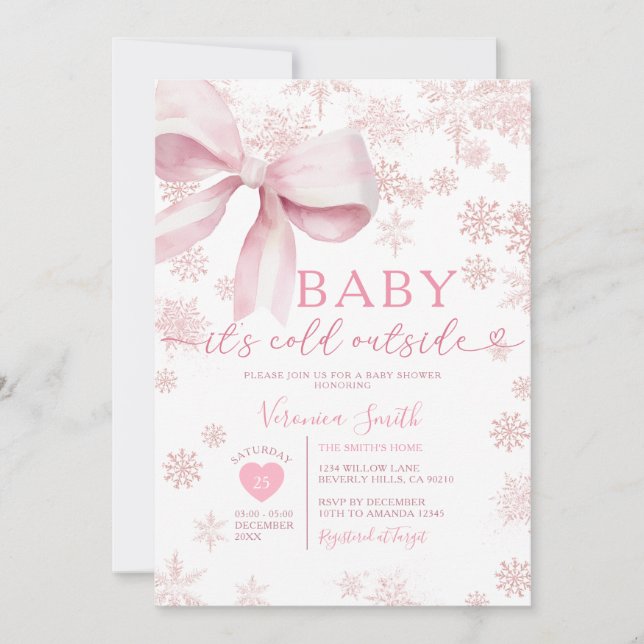 Invitation Fête de Baby Shower pour Bébé Flocon de Neige Rose (Devant)