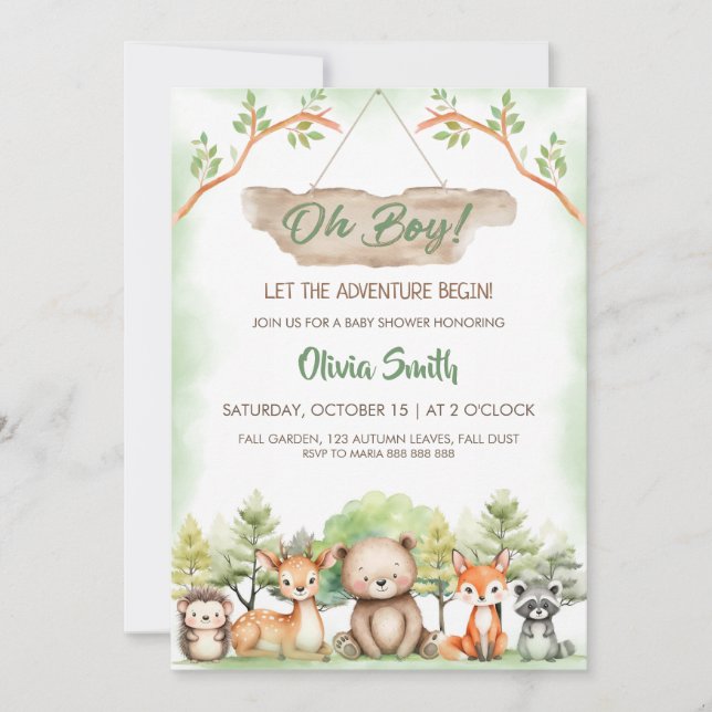 Invitation Fête de baby shower pour garçon aventure animaux  (Devant)