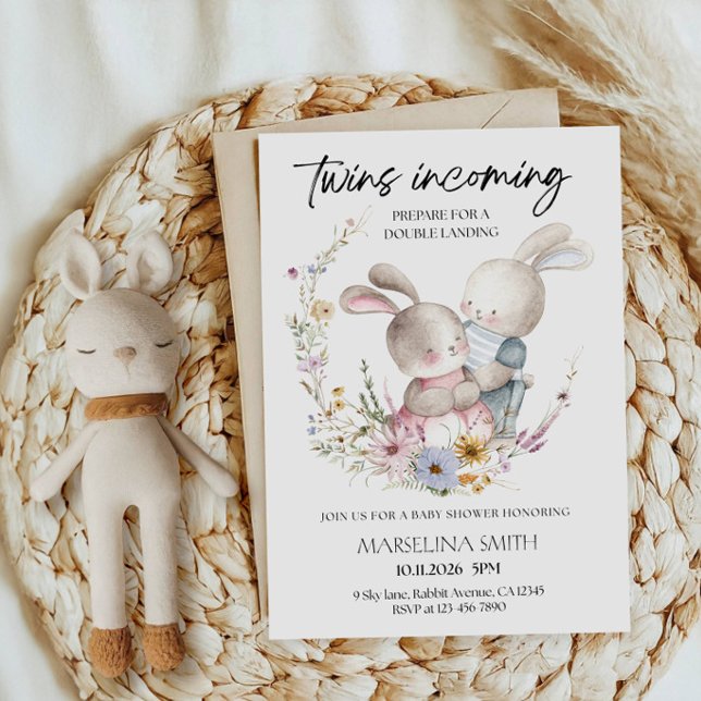 Invitation Fête de Baby Shower pour Jumeaux Lapin Arrivée (Créateur téléchargé)
