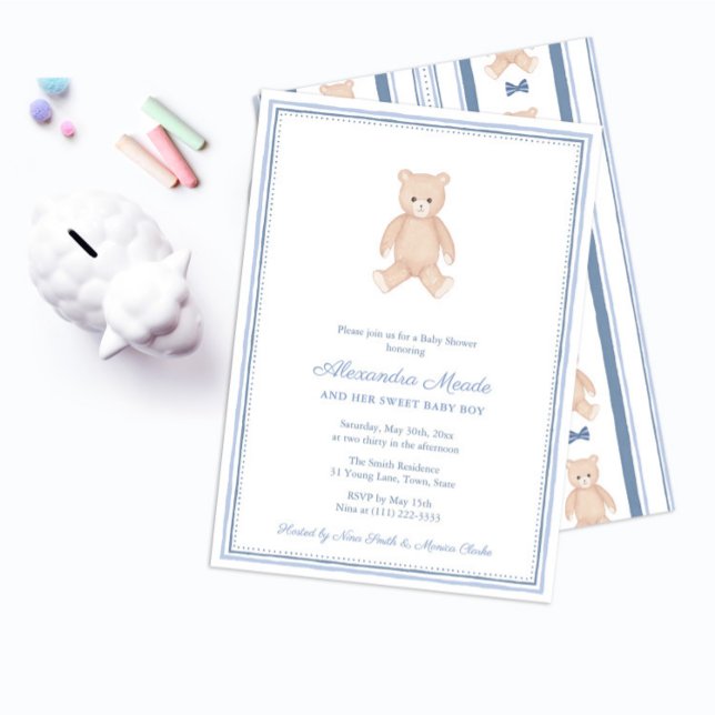 Invitation Fête de Baby Shower pour un Douce Enfant Garçon Ou (Nostalgic Baby Shower invitations for boy featuring a hand painted watercolor teddy bear)