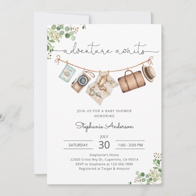 Invitation Fête de Baby Shower pour Voyage d'Aventure (Devant)