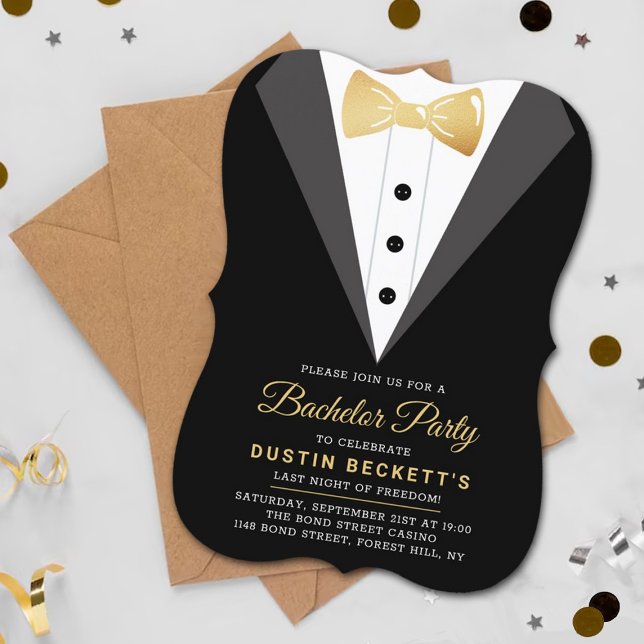 Invitation Fête de Bachelor avec un Tuxedo et Feuille d'Or (Créateur téléchargé)