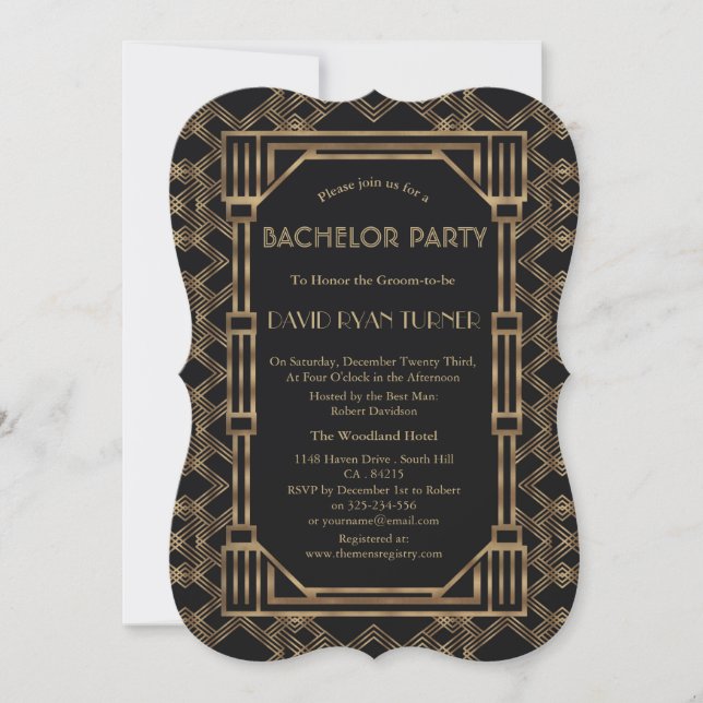 Invitation Fête de Bachelor Elégante Or Noir Gatsby les Année (Devant)
