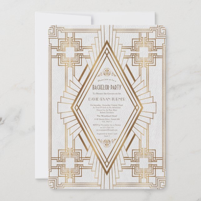 Invitation Fête de Bachelor Glam Or et Blanc Gatsby le Magnif (Devant)