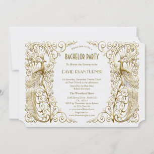 Invitation Fête de Bachelor Glam White Gold Art Déco Paons