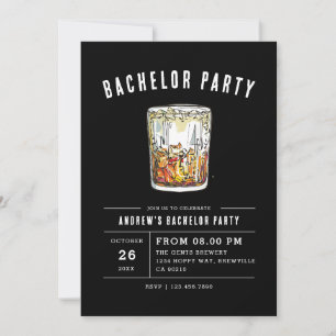 Invitation Fête de Bachelor Moderne Noir Aquarelle Whisky 