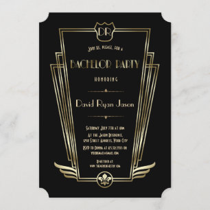 Invitation Fête de Bachelor Monogramme Art Déco Or Royal